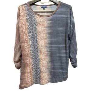 Democracy Women Tunic Top Size S Brown Blue Geometric Long Sleeve Asymmetric Hem